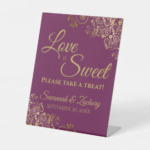 Love is Sweet Take a Treat Magenta Plum & Gold Pedestal Sign