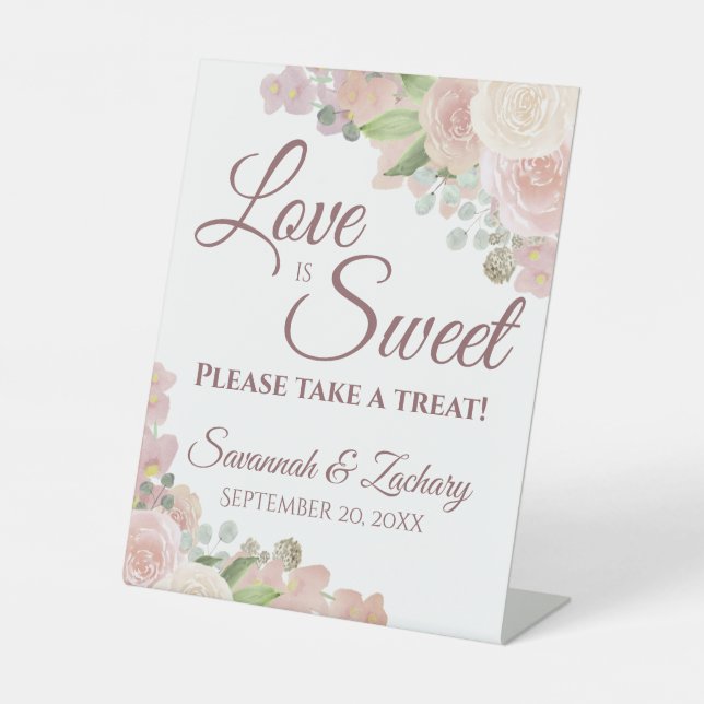 Love is Sweet Take a Treat Pink Floral Wedding Pedestal Sign (Front)