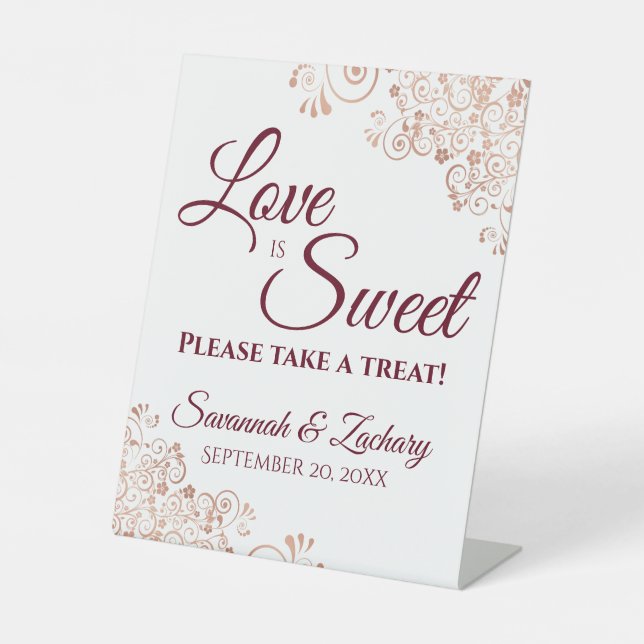 Love is Sweet Take a Treat Rose Gold & Burgundy Pedestal Sign (Front)