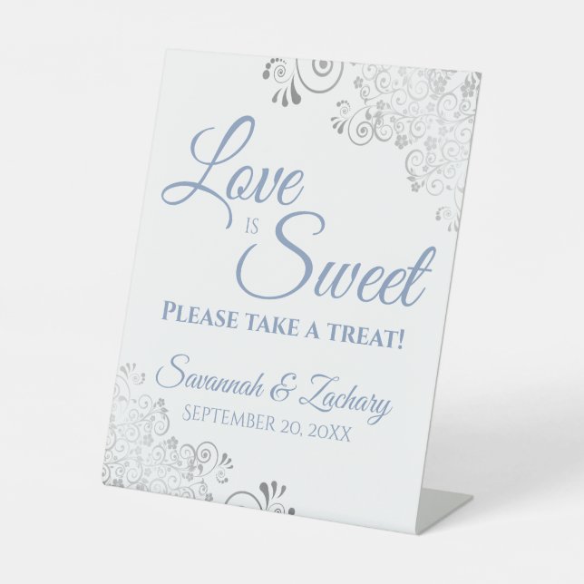 Love is Sweet Take a Treat Silver Lace Blue White Pedestal Sign (Front)