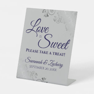 Love is Sweet Take a Treat Silver Lace Navy & Grey Pedestal Sign
