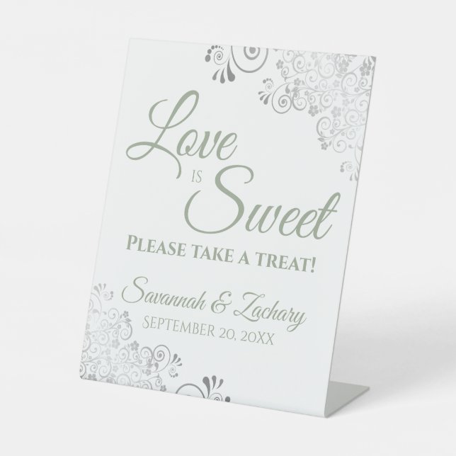 Love is Sweet Take a Treat Silver & Sage on White Pedestal Sign (Front)