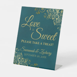Love is Sweet Take a Treat Teal & Gold Wedding Pedestal Sign