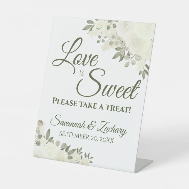 Love is Sweet Take a Treat White Roses Wedding Pedestal Sign (Front)
