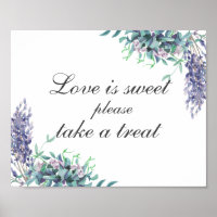 Love is sweet take treat. Purple flowers. Wedding
