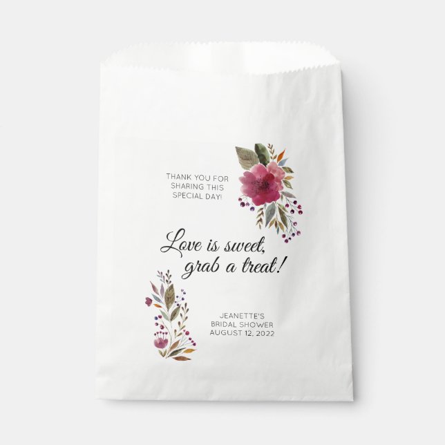 Love Is Sweet Treat Burgundy Floral Bridal Shower Favour Bags (Front)