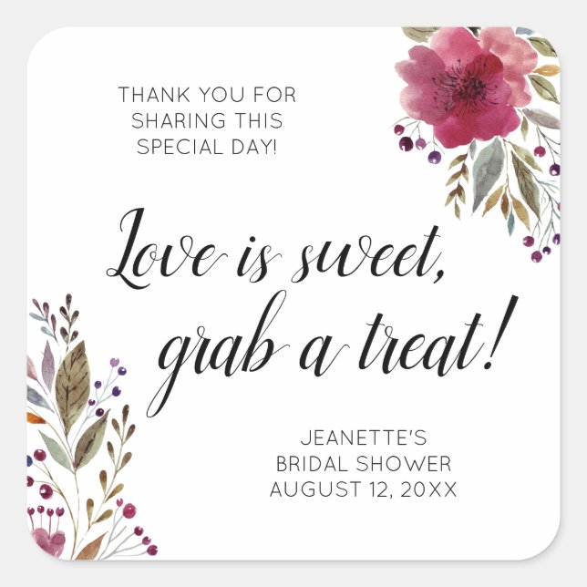 Love Is Sweet Treat Burgundy Floral Bridal Shower Square Sticker (Front)
