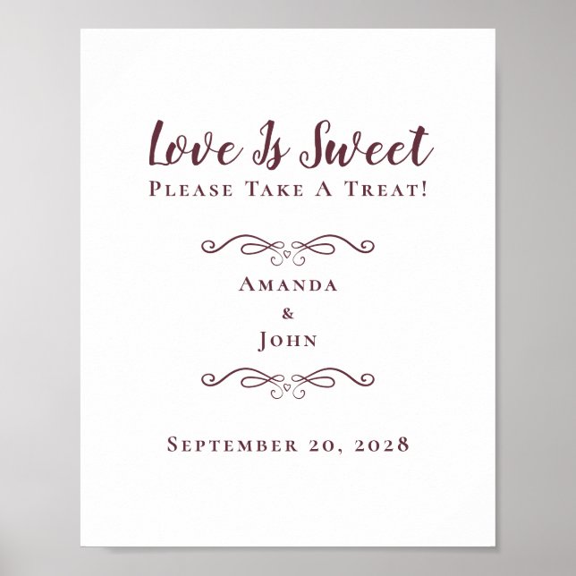 Love Is Sweet Treat Elegant Wedding Favour Burgund Poster (Front)