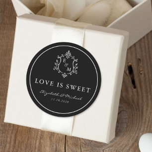 Love Is Sweet Wedding Crest Monogram Black Classic Round Sticker