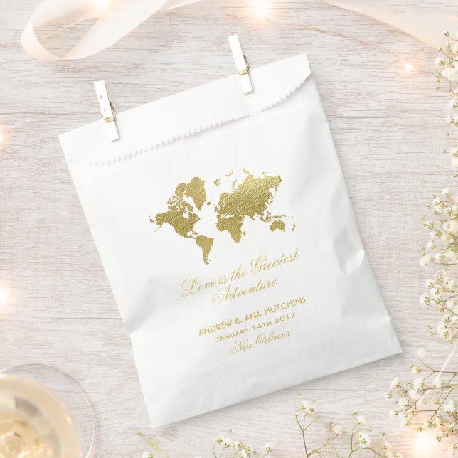 Love is the Greatest Adventure Gold Map Wedding Favour Bags (Clipped)