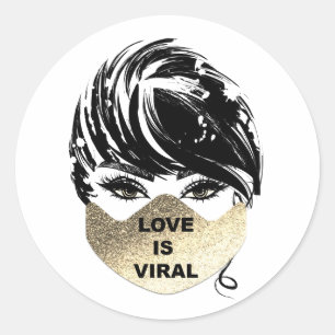 Love Is Viral Girl Coronavirus  Gold Face Mask Classic Round Sticker