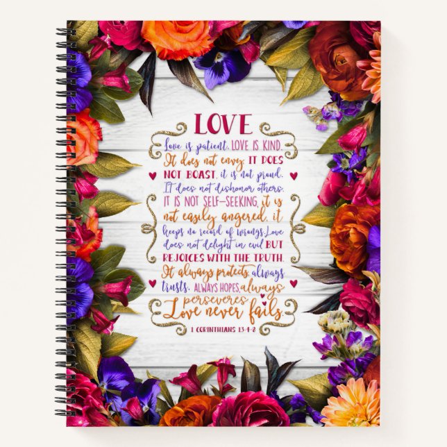 Love Is... with Multicolor Flowers on Wood Notebook (Front)