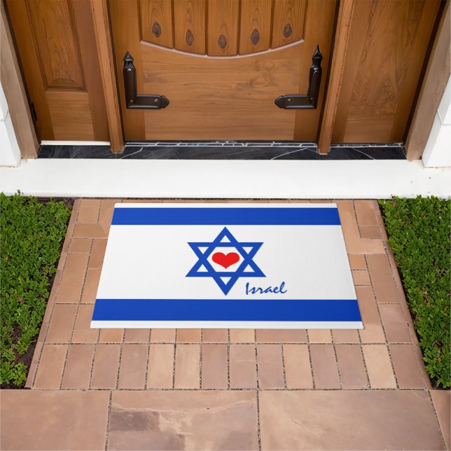Love Israel, Red Heart & Israeli Flag patriots Doormat (Outdoor)