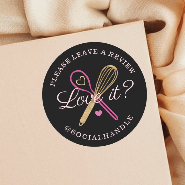 Love It? Leave A Review Bakery Whisk & Spoon Black Classic Round Sticker (Love It? Leave A Review Bakery Whisk & Spoon Black Classic Round Sticker)