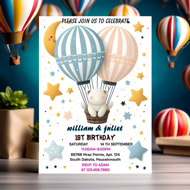 love joint bear Hot Air Balloon Twins 1st Birthday Invitation (Creator Uploaded)