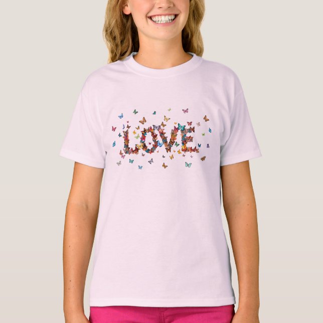 LOVE Joy Butterfly Print | Colorful Inspirational T-Shirt (Front)