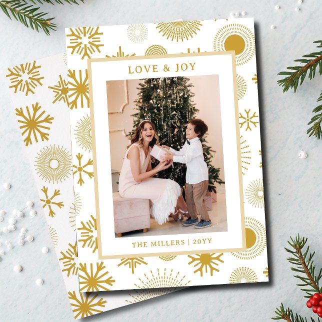 Love & Joy Christmas Photo Modern Gold Snowflakes Holiday Card (Creator Uploaded)