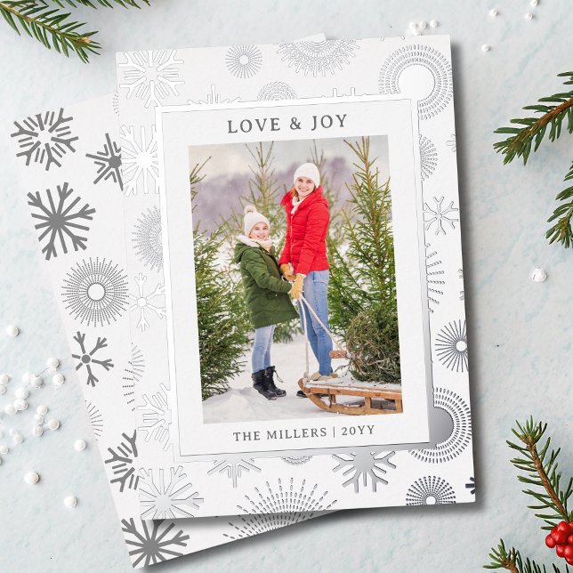 Love & Joy Christmas Photo Modern Silver Snowflake (Creator Uploaded)
