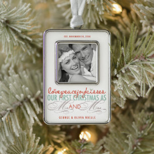 Love Joy Kisses Mr and Mrs Holiday Photo First Silver Plated Framed Ornament
