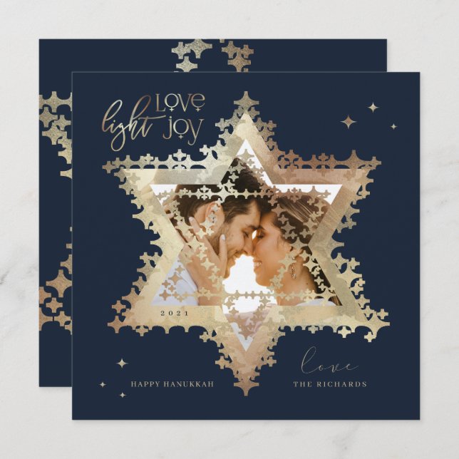 Love Joy Light Elegant Gold Star of David Photo Holiday Card (Front/Back)