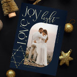 Love Joy Light Star of David Happy Hanukkah Photo<br><div class="desc">Elegant Hanukkah photo card featuring an elegant typography design "Love Joy Light" in gold wrapped around an arch photo frame. Sparkling rose gold foil stars create the star of David. The reverse side features an elegant starry twinkling star of David pattern. Artwork by Moodthology Papery.</div>