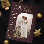 Love Joy Light Star of David Happy Hanukkah Photo<br><div class="desc">Elegant Hanukkah photo card featuring an elegant typography design "Love Joy Light" in gold wrapped around an arch photo frame. Sparkling rose gold foil stars create the star of David. The reverse side features an elegant starry twinkling star of David pattern. Artwork by Moodthology Papery.</div>