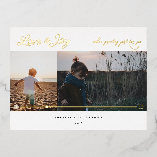 Love & Joy Minimal 2 Photo QR Code Video Message Foil Holiday Postcard (Front)