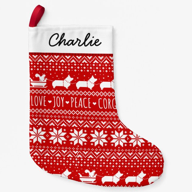 Love Joy Peace Corgis Cute Festive Holiday Small Christmas Stocking (Front)
