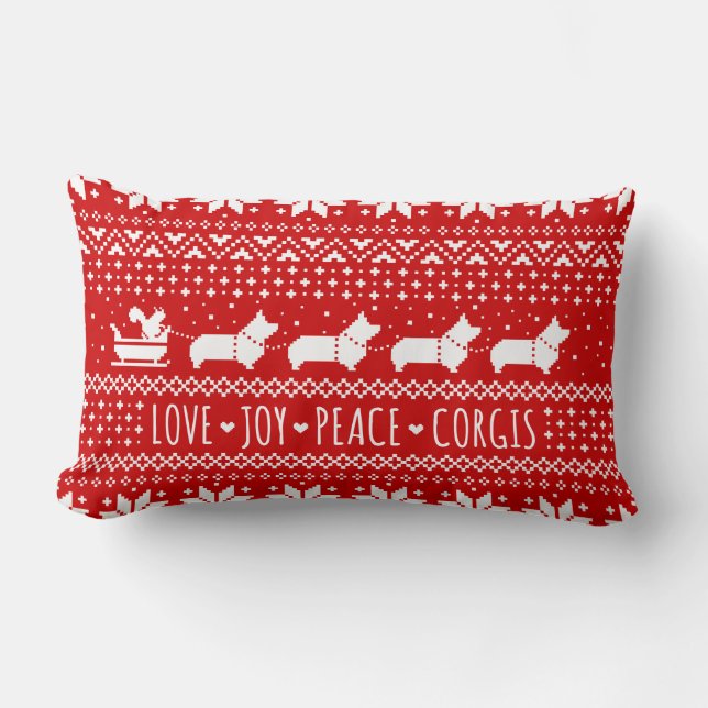 Love Joy Peace Corgis Festive Christmas Holiday Lumbar Cushion (Front)