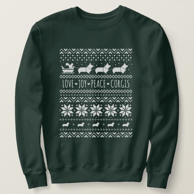 Love Joy Peace Corgis Festive Christmas Holiday Sweatshirt (Design Front)