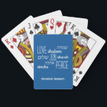 LOVE JOY PEACE Personalised Hanukkah Playing Cards<br><div class="desc">Stylish HANUKKAH playing cards with LOVE JOY PEACE including Hebrew translations in white typography against a TEKHELET BLUE background. Text is CUSTOMIZABLE, in case you wish to change anything. HAPPY HANUKKAH is also customisable, so you can create your own text or add your name or initials. Matching items are available....</div>