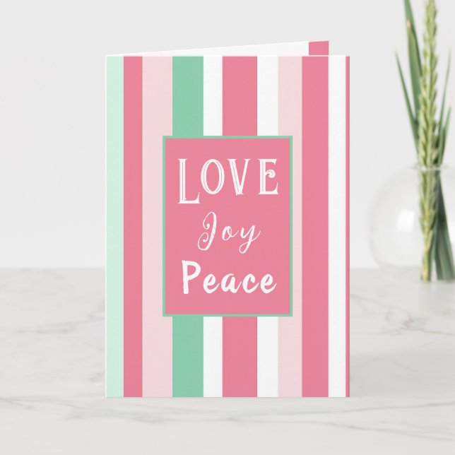 "Love Joy Peace" Pink Mint Stripes Christmas Card (Front)