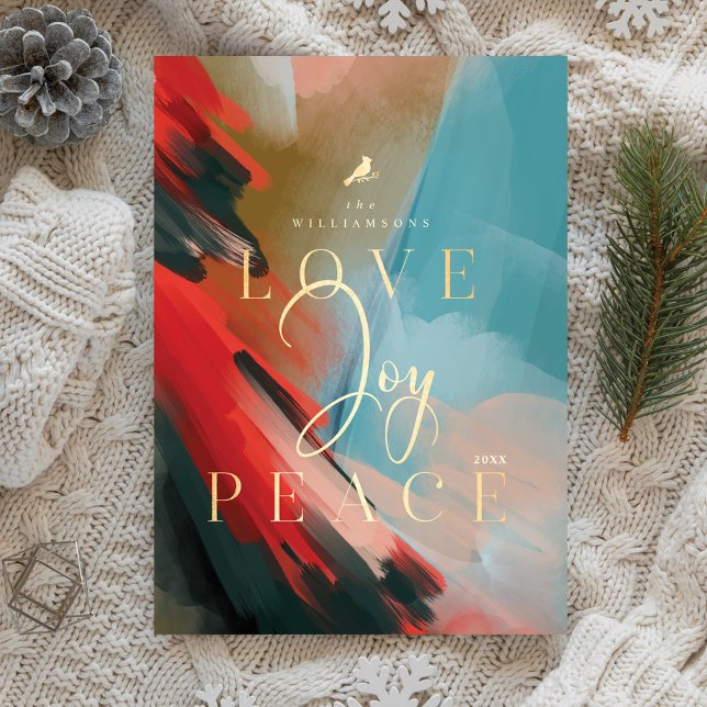 Love Joy & Peace Red Cardinal Abstract Watercolor Holiday Card (Joy Abstract Watercolor Paint Brush Stroke Photo Holiday Card)