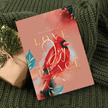 Love Joy & Peace Red Cardinal Watercolor Blush Holiday Card<br><div class="desc">Our cardinal spirit holiday Christmas card embodies warmth, life and energy inspired by nature. Expressive brush and pen strokes are combined together with our artistic stylised red cardinal bird artwork. Evoking the feeling of love, joy and peace. Saturated hues of crimson reds, blush, deep ebony black, sapphire blue and dark...</div>