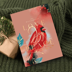 Love Joy & Peace Red Cardinal Watercolor Blush Holiday Card