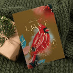 Love Joy & Peace Red Cardinal Watercolor Green Holiday Card<br><div class="desc">Our cardinal spirit holiday Christmas card embodies warmth, life and energy inspired by nature. Expressive brush and pen strokes are combined together with our artistic stylised red cardinal bird artwork. Evoking the feeling of love, joy and peace. Saturated hues of crimson reds, blush, deep ebony black, sapphire blue and dark...</div>