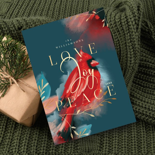 Love Joy & Peace Red Cardinal Watercolor Jade Holiday Card (Love Joy & Peace Red Cardinal Watercolor Jade Holiday Card)