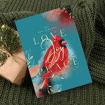 Love Joy & Peace Red Cardinal Watercolor Teal Blue Holiday Card<br><div class="desc">Our cardinal spirit holiday Christmas card embodies warmth, life and energy inspired by nature. Expressive brush and pen strokes are combined together with our artistic stylised red cardinal bird artwork. Evoking the feeling of love, joy and peace. Saturated hues of crimson reds, blush, deep ebony black, sapphire blue and dark...</div>