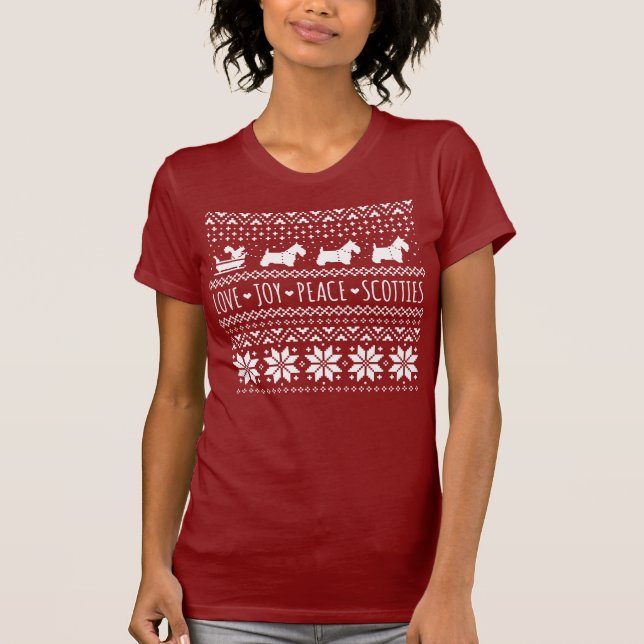 Love Joy Peace Scotties Christmas Holiday Dogs T-Shirt (Front)
