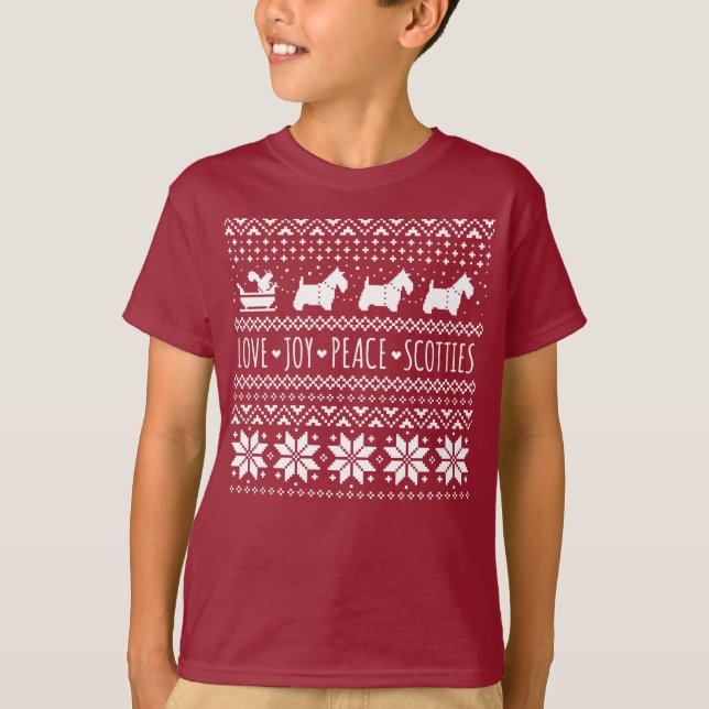 Love Joy Peace Scotties Christmas Holiday Dogs T-Shirt (Front)