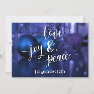 Love Joy & Peace w/ Blue & Purple Ornaments Holiday Card