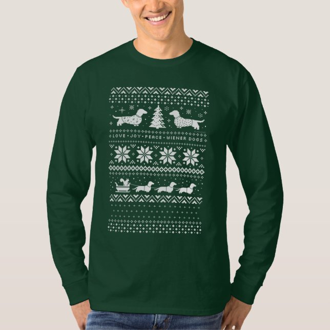 Love Joy Peace Wiener Dogs Fun Christmas Pattern T-Shirt (Front)