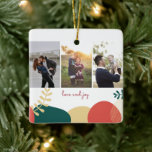 Love Joy Three Photo Family Christmas Ceramic Ornament<br><div class="desc">Christmas tree ornament in a three photo "love and joy" design. Customise with your three photos (horizontal work best or crop to a horizontal orientation before uploading). The backside of the Christmas ornament can be customised with your holiday message and names.</div>