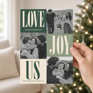 Love Joy Us Green Three Photo Family Christmas Holiday Card