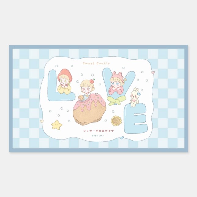 LOVE Kawaii Pastel Alphabet Illustration 💕🍓🐰  Rectangular Sticker (Front)