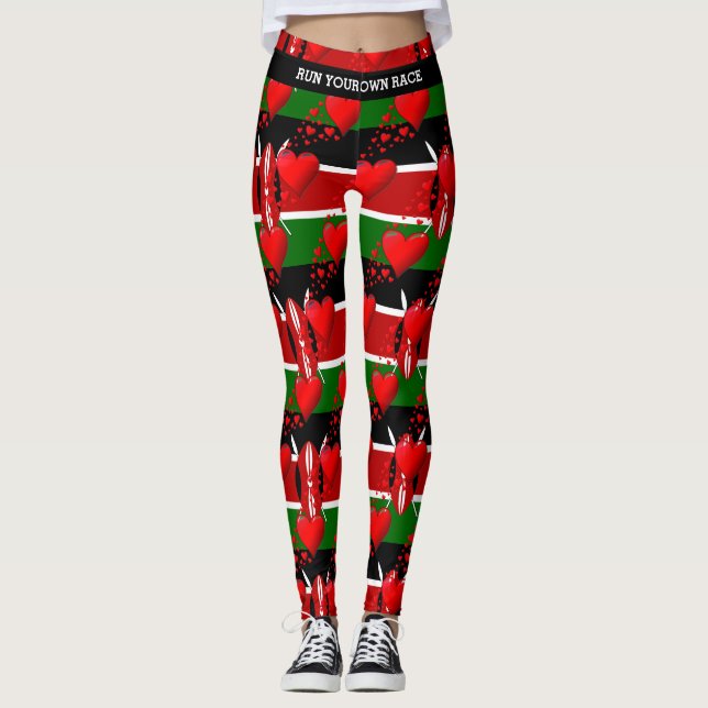 LOVE KENYA Flag Red Hearts RUN YOUR RACE Leggings (Front)