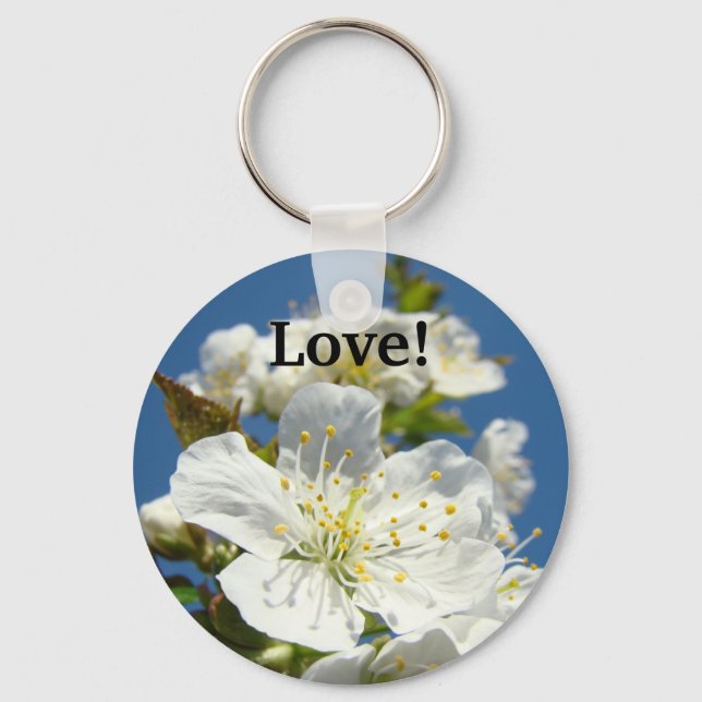 Love keychain Blue Sky White Cherry Blossoms (Front)