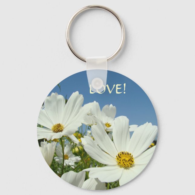 LOVE keychain WHITE DAISY FLOWERS Blue Sky (Front)