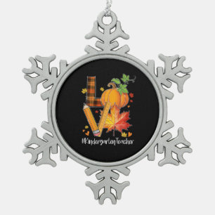 LOVE Kindergarten Teacher Fall Leaves Autumn Snowflake Pewter Christmas Ornament