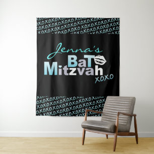 LOVE & KISSES Aqua Bat Mitzvah Photo-Op Backdrop Tapestry